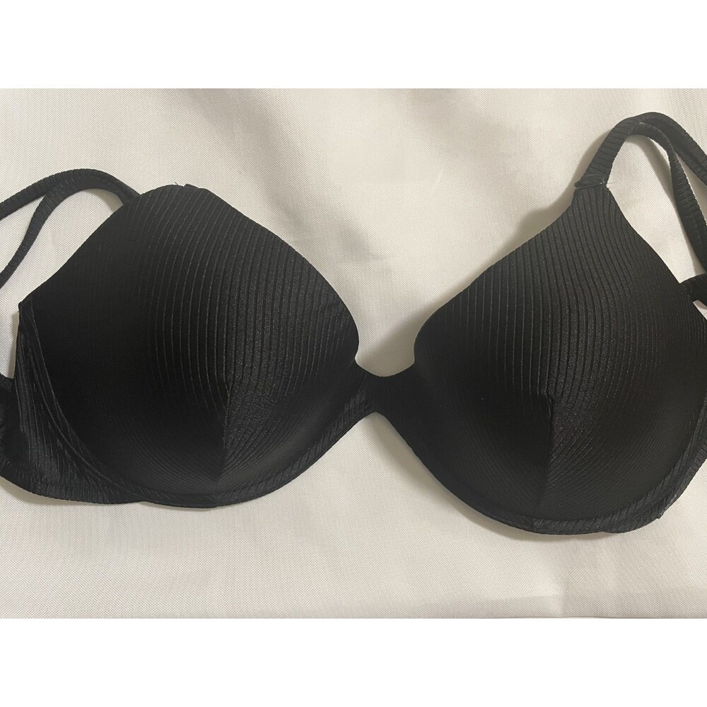 Victoria's Secret PINK Swim Bikini Top XXL Black Ribbed Scoop Push Up NWT
